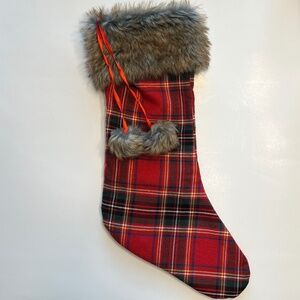 Christmas Stocking Yellow Red Green Fur Trim Tartan Plaid with  Pom-Poms